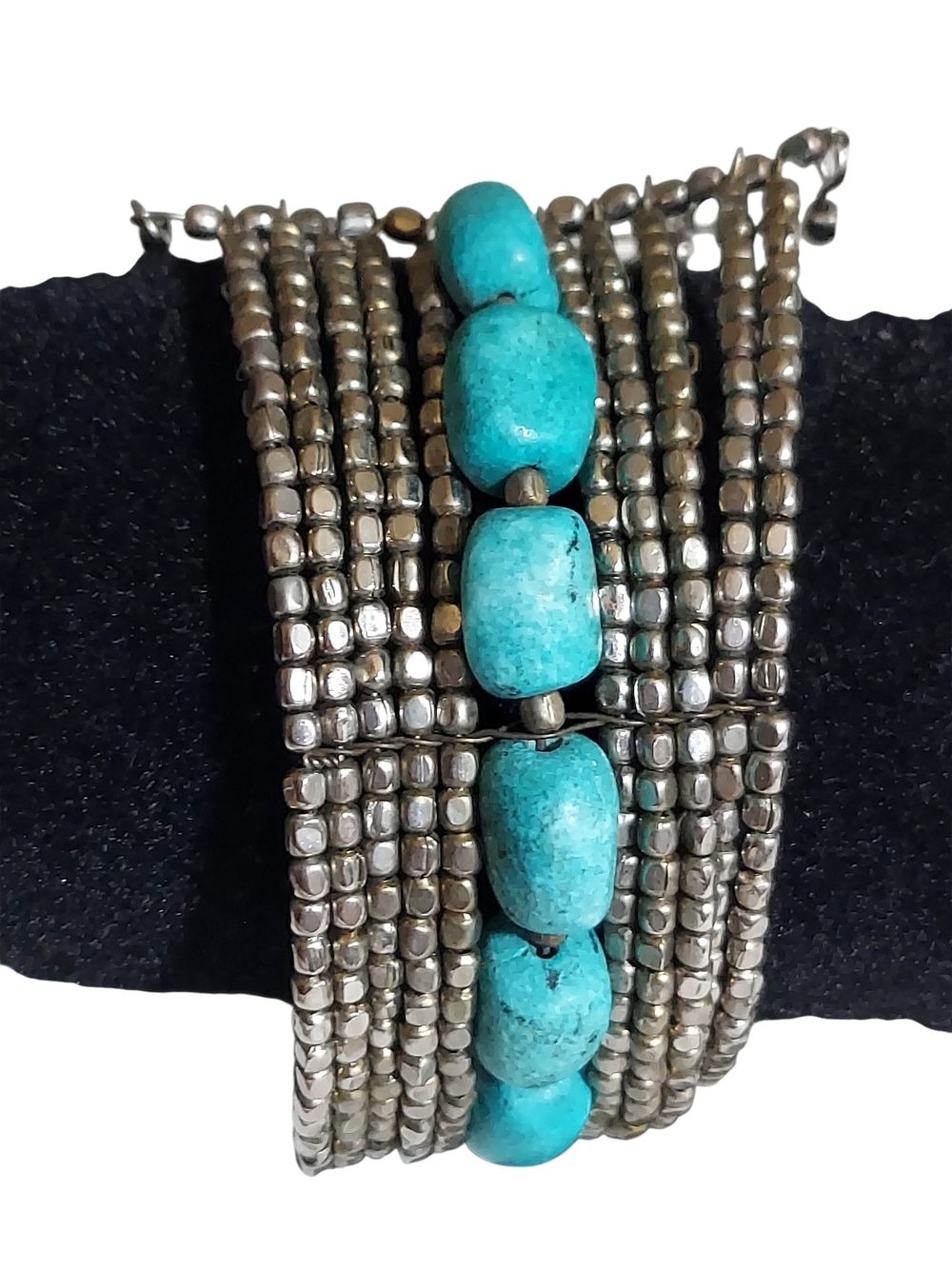 Silver Tone Turquoise Beaded Cuff Bracelet Boho Western Southwestern Statement - Picture 3 of 6